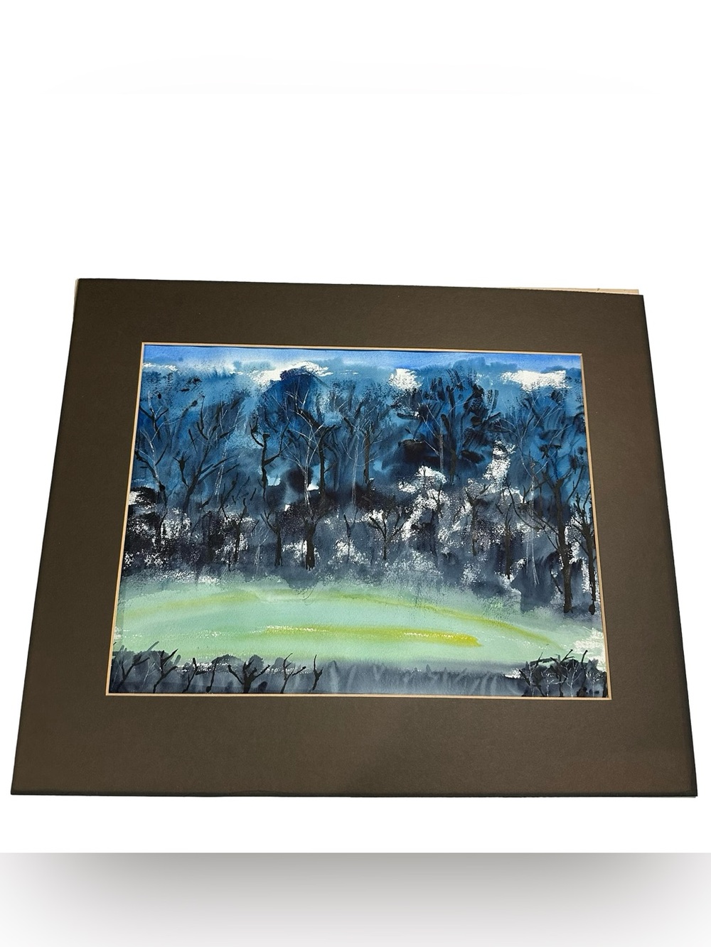 Matted Original Watercolor Painting Winter Forest Blue Tree Landscape Art 22x15